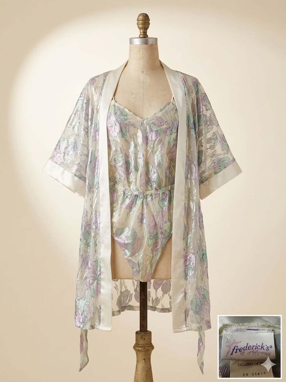 Vtg 1980s Fredericks of Hollywood Metallic Floral Lace Teddy Robe Set Pastel OS